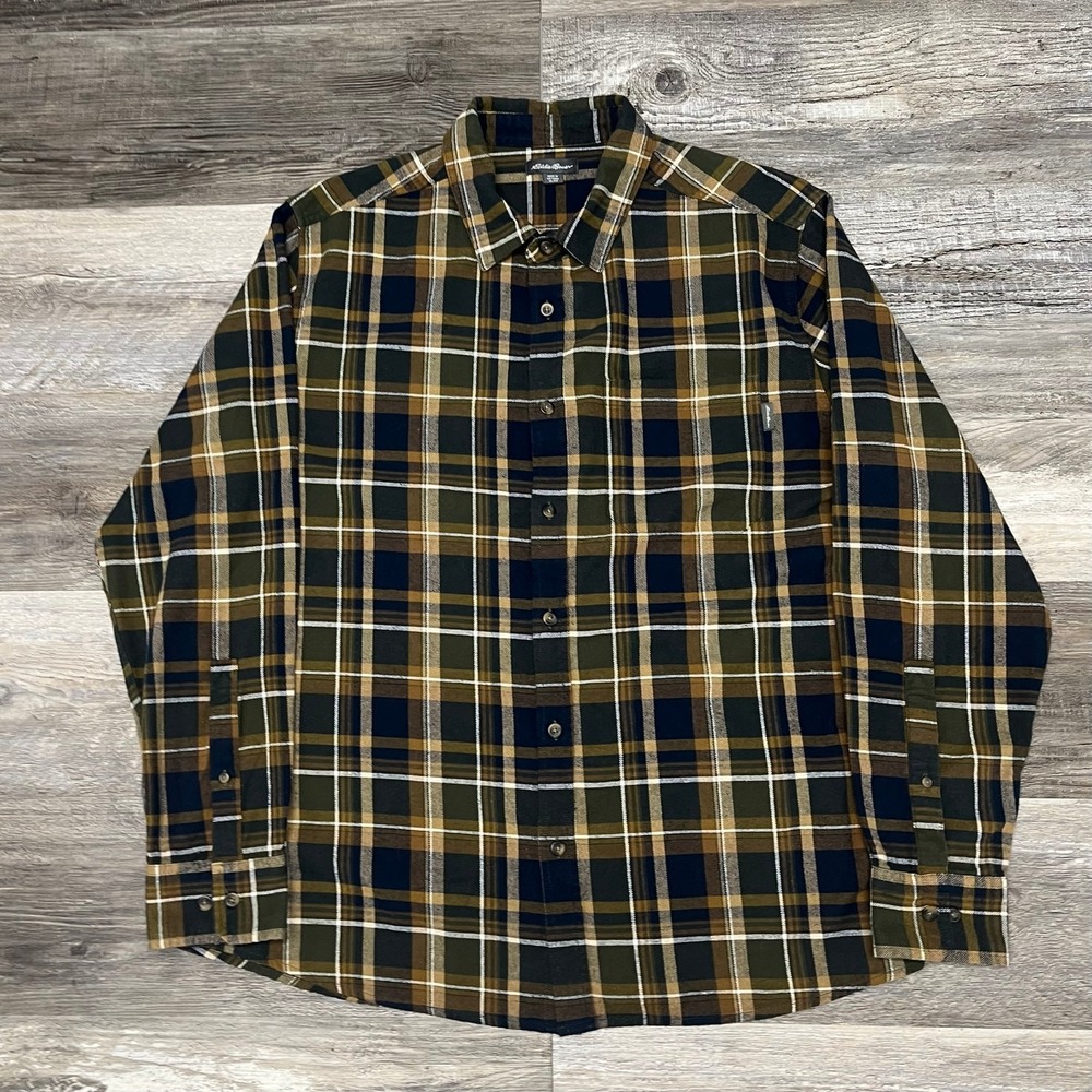 Eddie Bauer Green Yellow Mens XL‎ Tartan Plaid Long Sleeve Flannel Button Shirt